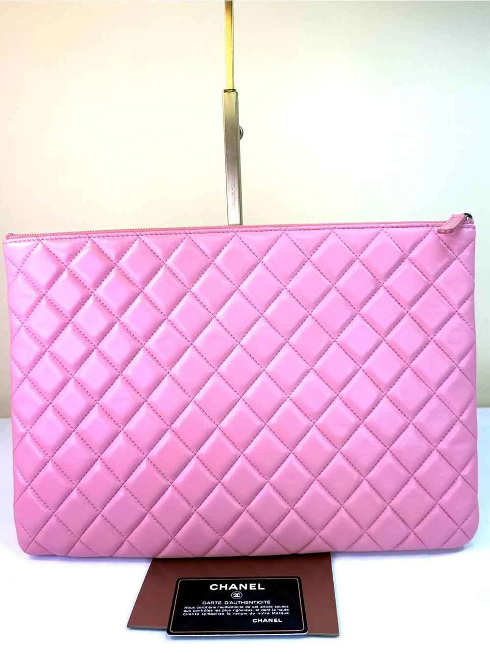 CHANEL Pink Quilted Lambskin Zip Pouch O-Case Fits Laptop, Box, card, #18 COA